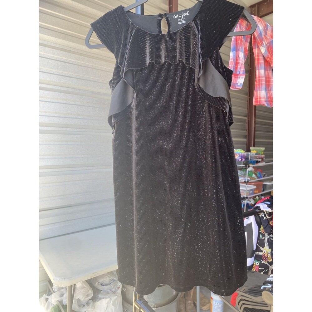 Cat & Jack Girls Black Metallic Glitter Velvet Ruffle Dress Sz L 10/12 Holiday